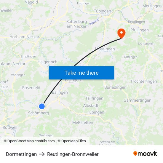Dormettingen to Reutlingen-Bronnweiler map