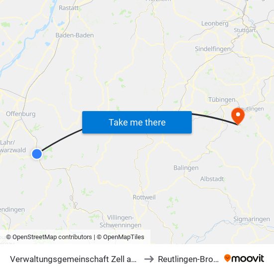Verwaltungsgemeinschaft Zell am Harmersbach to Reutlingen-Bronnweiler map