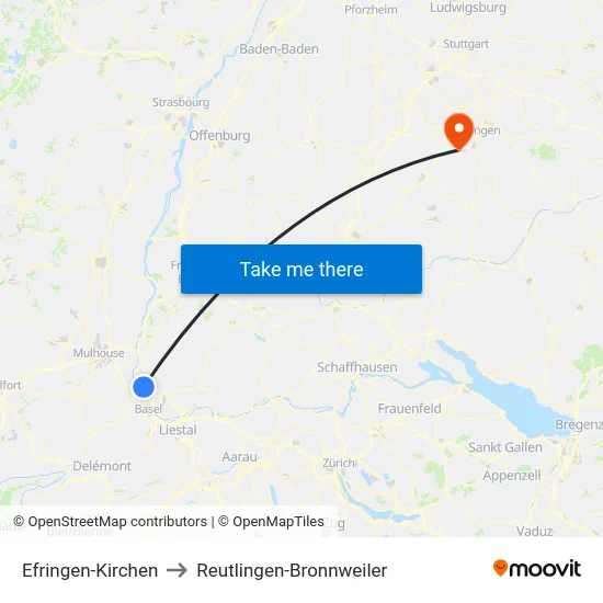 Efringen-Kirchen to Reutlingen-Bronnweiler map