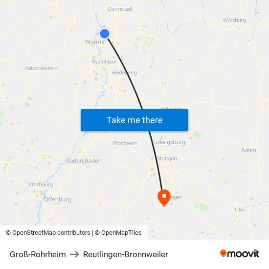 Groß-Rohrheim to Reutlingen-Bronnweiler map