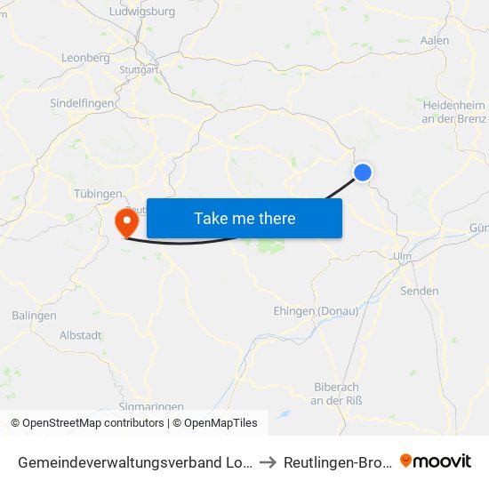 Gemeindeverwaltungsverband Lonsee-Amstetten to Reutlingen-Bronnweiler map