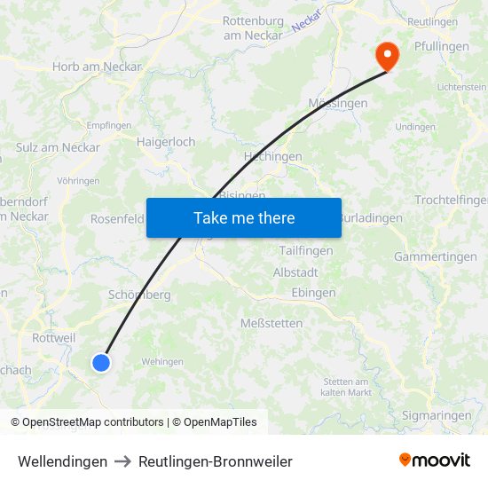 Wellendingen to Reutlingen-Bronnweiler map