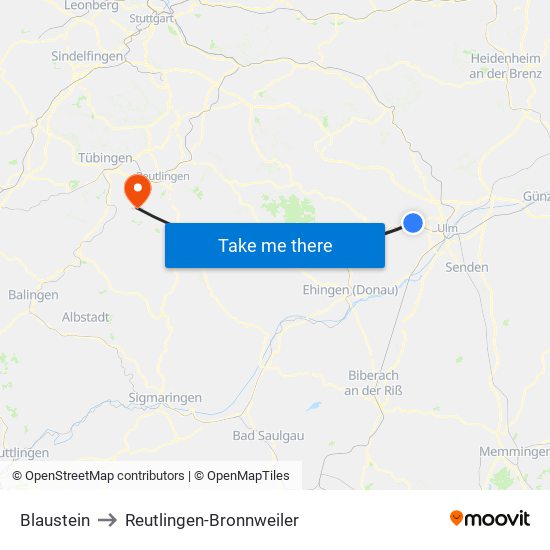 Blaustein to Reutlingen-Bronnweiler map