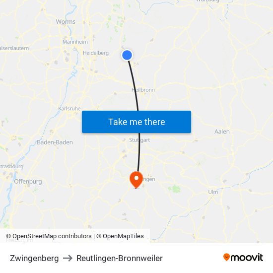 Zwingenberg to Reutlingen-Bronnweiler map