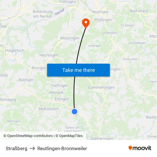 Straßberg to Reutlingen-Bronnweiler map