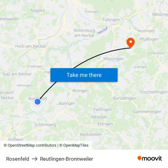 Rosenfeld to Reutlingen-Bronnweiler map