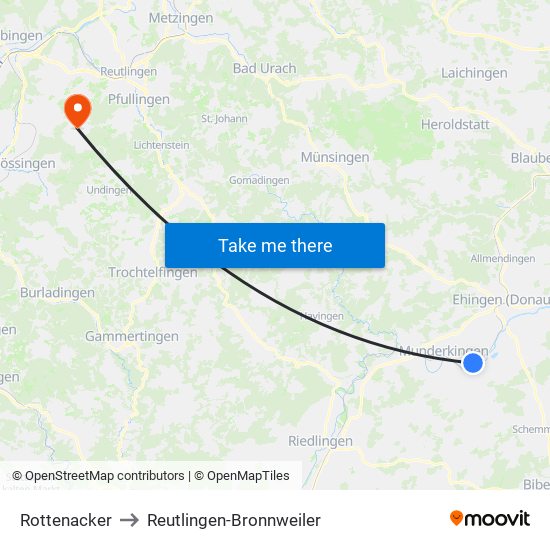 Rottenacker to Reutlingen-Bronnweiler map