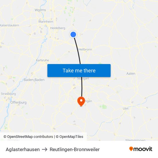 Aglasterhausen to Reutlingen-Bronnweiler map