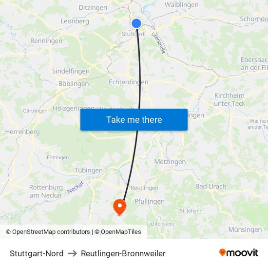 Stuttgart-Nord to Reutlingen-Bronnweiler map