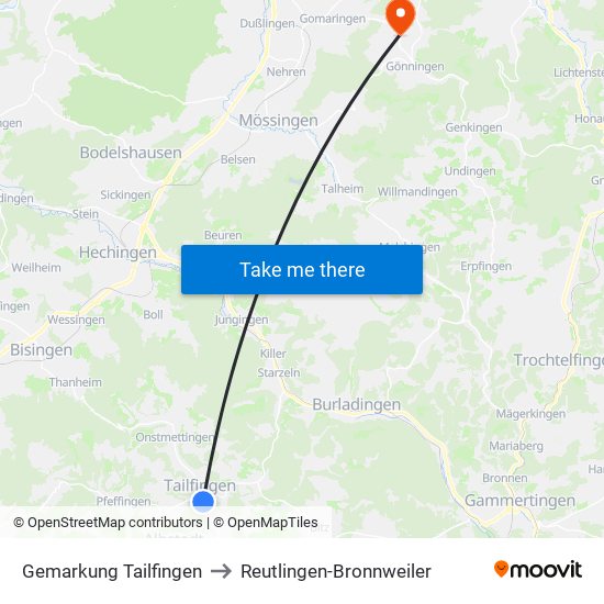 Gemarkung Tailfingen to Reutlingen-Bronnweiler map