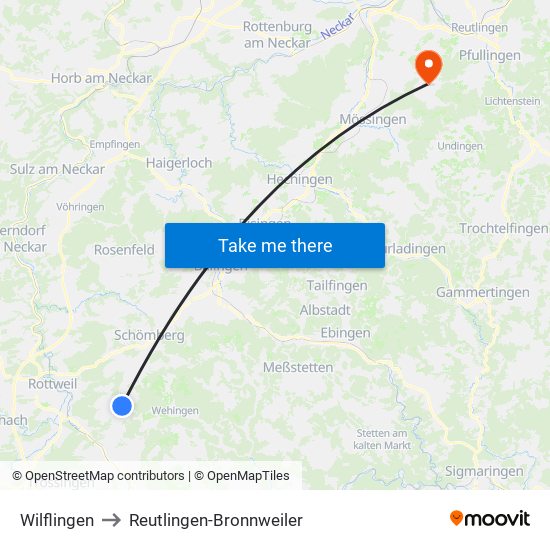 Wilflingen to Reutlingen-Bronnweiler map