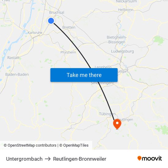 Untergrombach to Reutlingen-Bronnweiler map