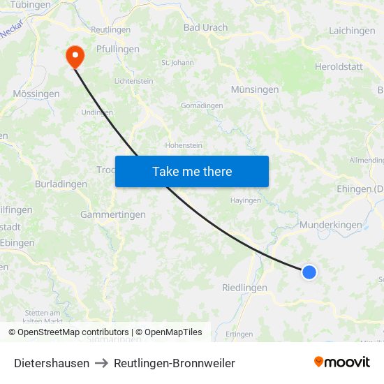 Dietershausen to Reutlingen-Bronnweiler map