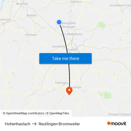 Hohenhaslach to Reutlingen-Bronnweiler map