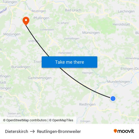 Dieterskirch to Reutlingen-Bronnweiler map