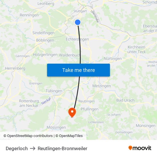 Degerloch to Reutlingen-Bronnweiler map