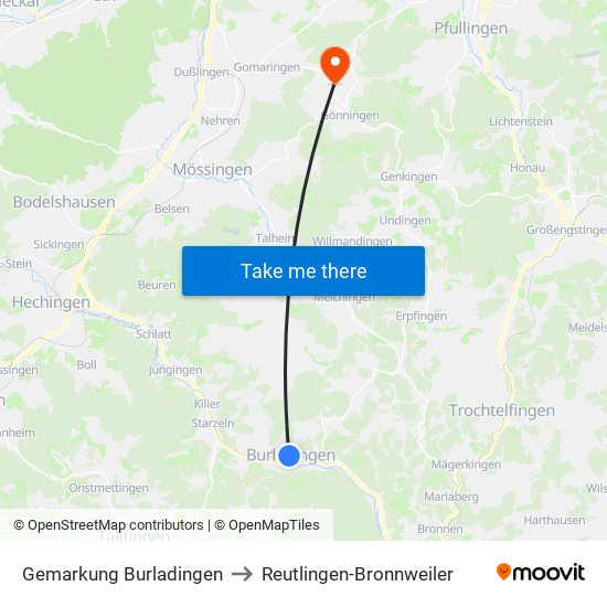 Gemarkung Burladingen to Reutlingen-Bronnweiler map