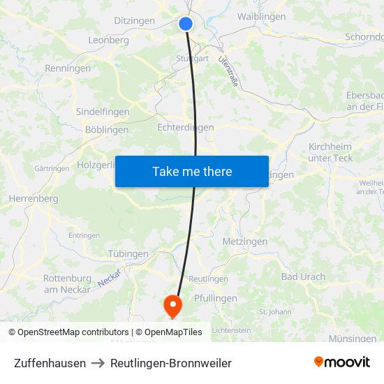 Zuffenhausen to Reutlingen-Bronnweiler map