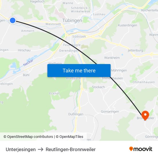 Unterjesingen to Reutlingen-Bronnweiler map