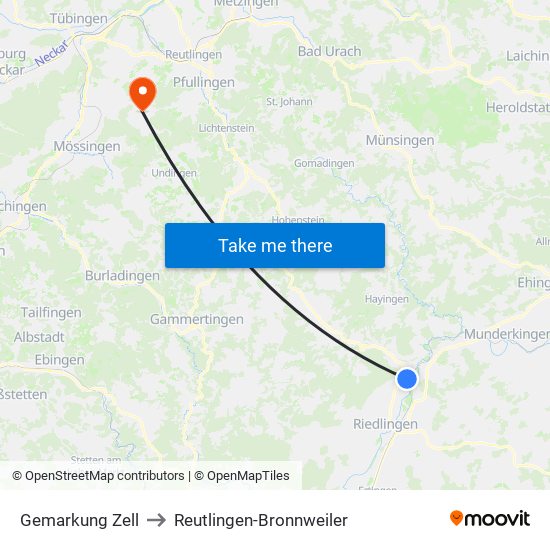 Gemarkung Zell to Reutlingen-Bronnweiler map