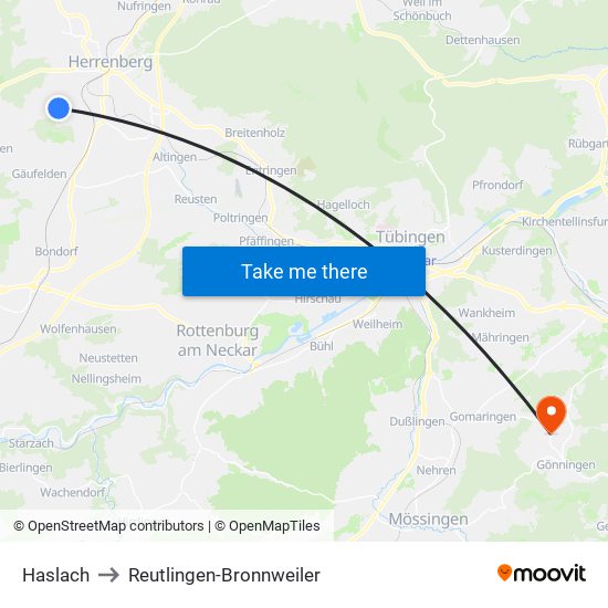 Haslach to Reutlingen-Bronnweiler map