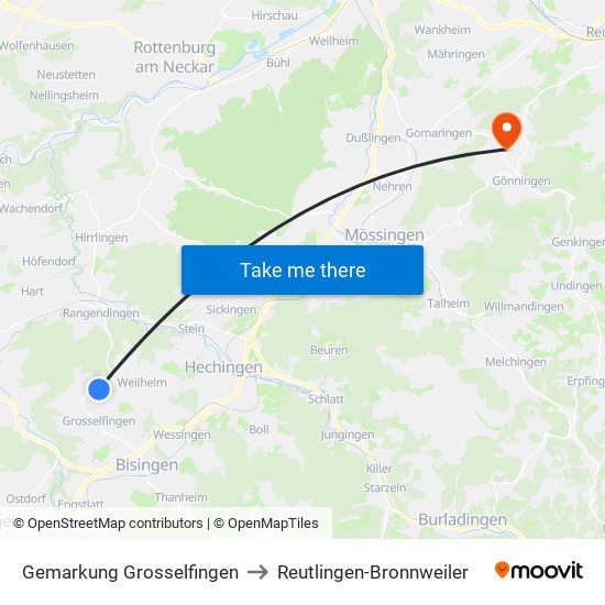 Gemarkung Grosselfingen to Reutlingen-Bronnweiler map