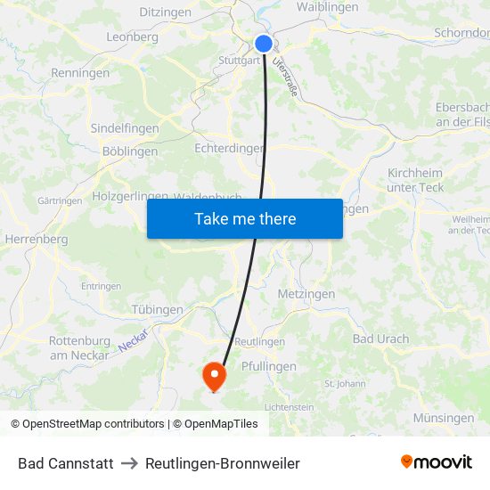 Bad Cannstatt to Reutlingen-Bronnweiler map