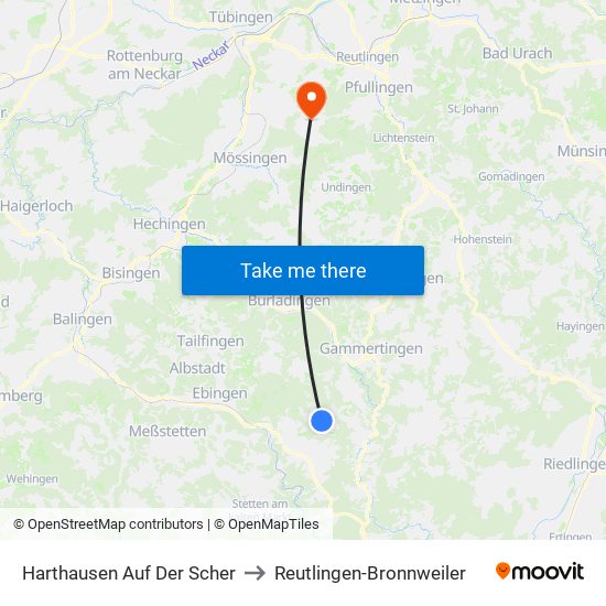 Harthausen Auf Der Scher to Reutlingen-Bronnweiler map