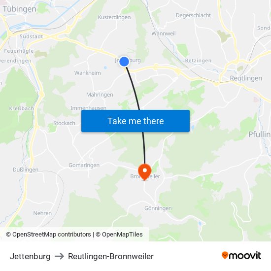 Jettenburg to Reutlingen-Bronnweiler map