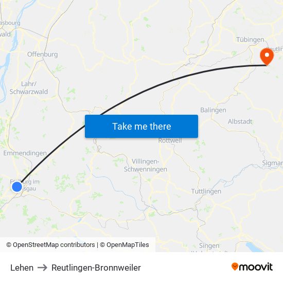 Lehen to Reutlingen-Bronnweiler map