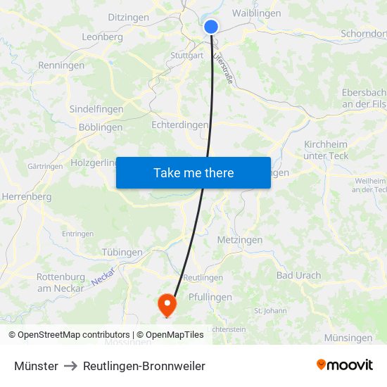 Münster to Reutlingen-Bronnweiler map