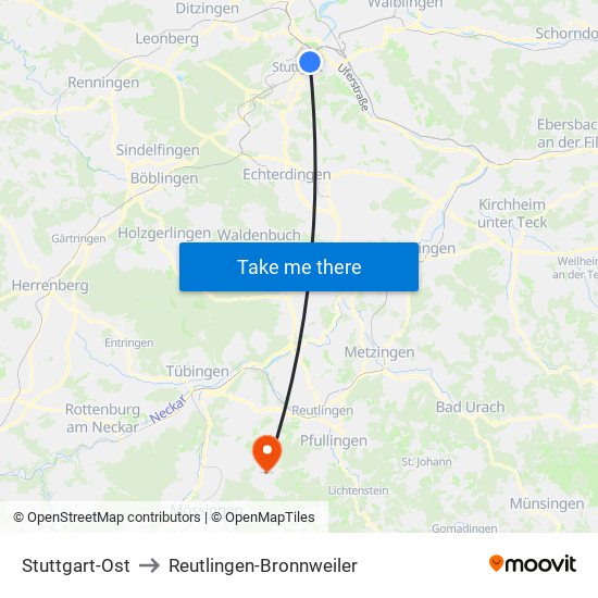 Stuttgart-Ost to Reutlingen-Bronnweiler map