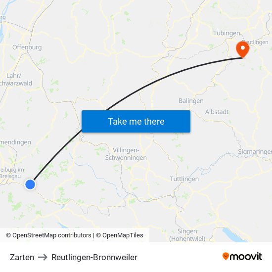Zarten to Reutlingen-Bronnweiler map