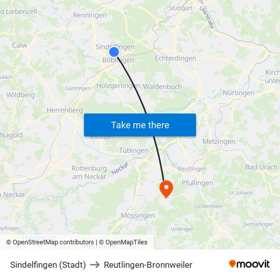 Sindelfingen (Stadt) to Reutlingen-Bronnweiler map