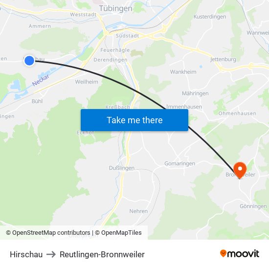 Hirschau to Reutlingen-Bronnweiler map