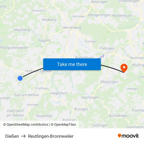 Dießen to Reutlingen-Bronnweiler map