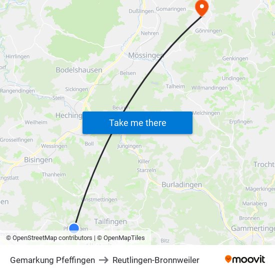 Gemarkung Pfeffingen to Reutlingen-Bronnweiler map