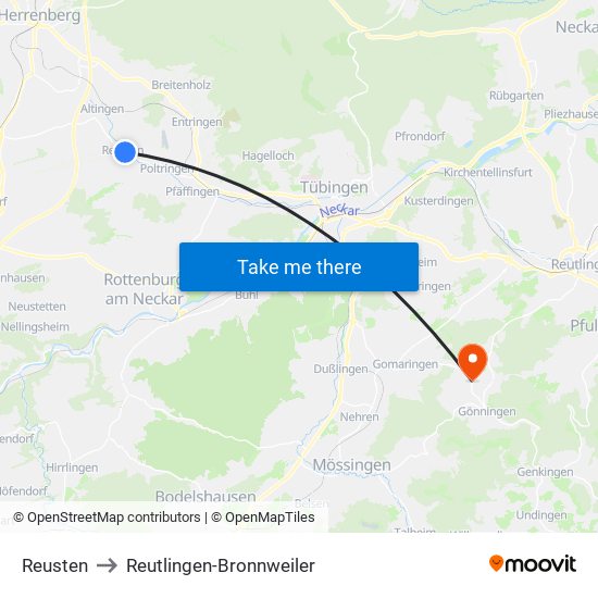 Reusten to Reutlingen-Bronnweiler map