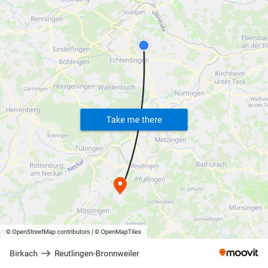 Birkach to Reutlingen-Bronnweiler map