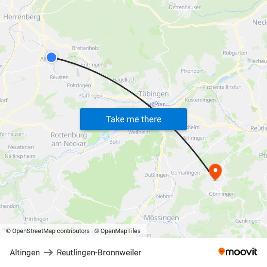 Altingen to Reutlingen-Bronnweiler map