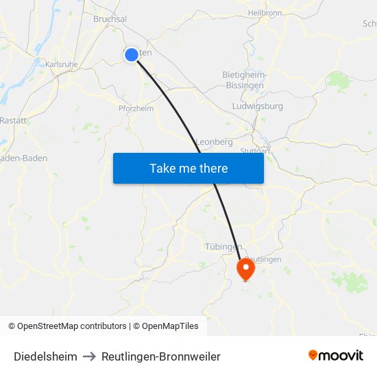 Diedelsheim to Reutlingen-Bronnweiler map