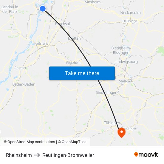 Rheinsheim to Reutlingen-Bronnweiler map