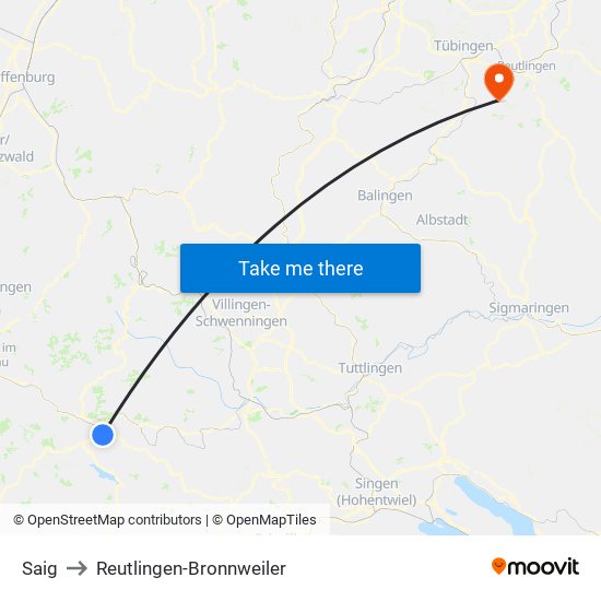 Saig to Reutlingen-Bronnweiler map