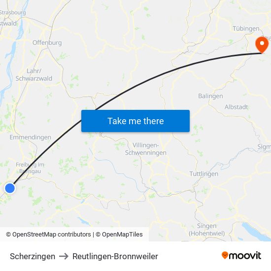 Scherzingen to Reutlingen-Bronnweiler map