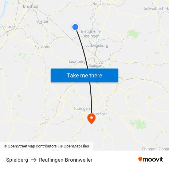 Spielberg to Reutlingen-Bronnweiler map
