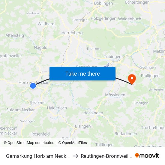 Gemarkung Horb am Neckar to Reutlingen-Bronnweiler map