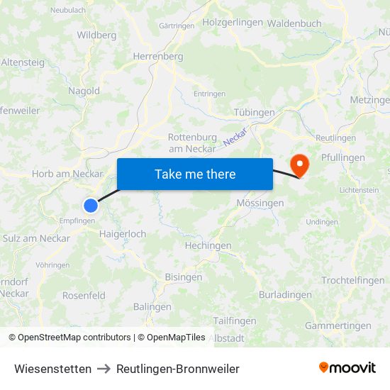 Wiesenstetten to Reutlingen-Bronnweiler map
