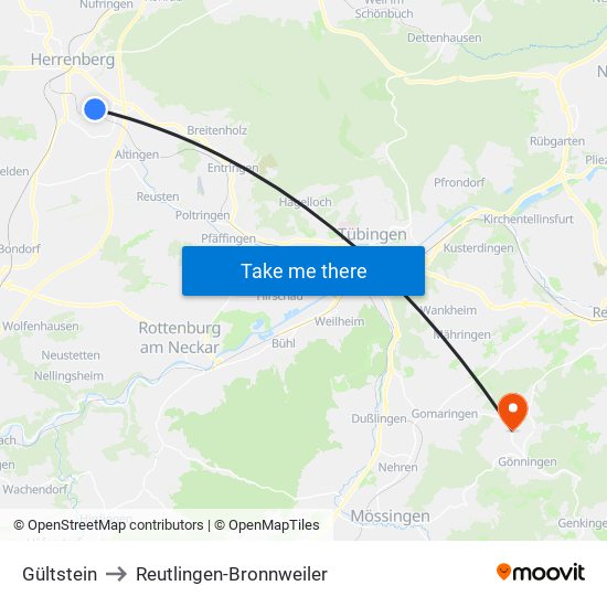 Gültstein to Reutlingen-Bronnweiler map