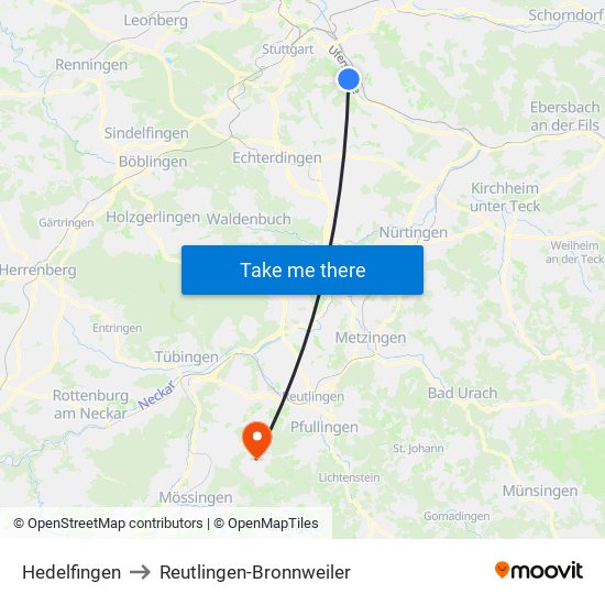 Hedelfingen to Reutlingen-Bronnweiler map