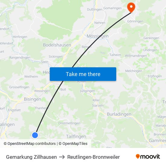 Gemarkung Zillhausen to Reutlingen-Bronnweiler map